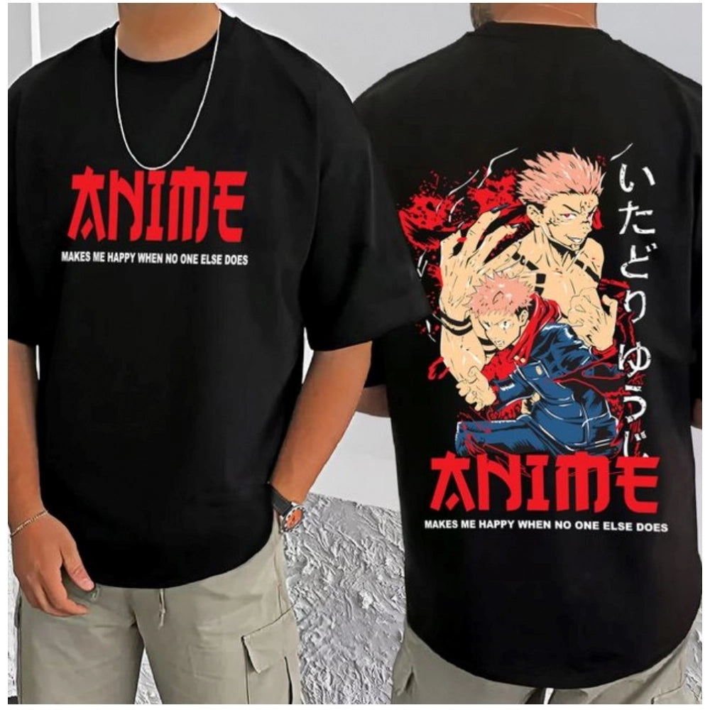 Black cotton blend men's casual printed round neck half sleeve t-shirt