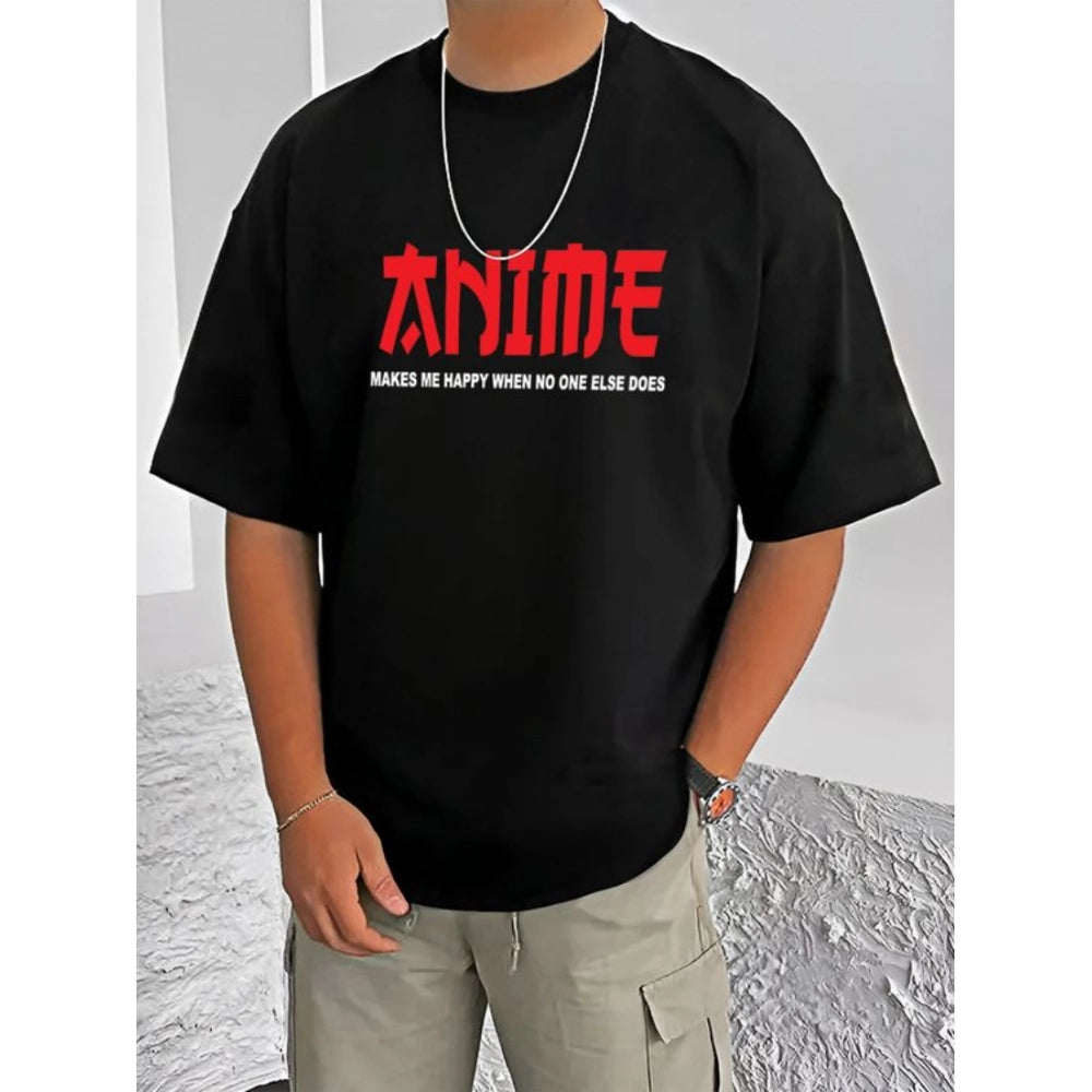 Black cotton blend men's t-shirt with printed design, round neck and half sleeves