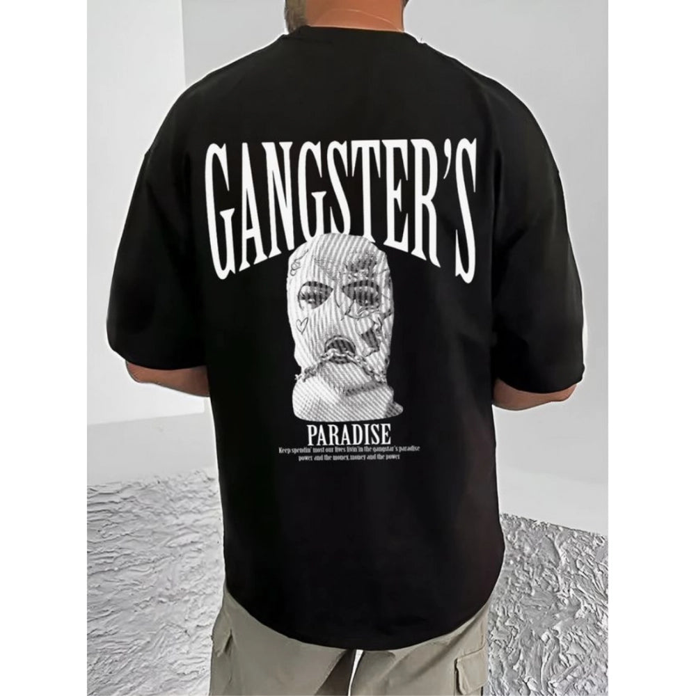 Black cotton blend men's t-shirt with printed design, round neck, half sleeves