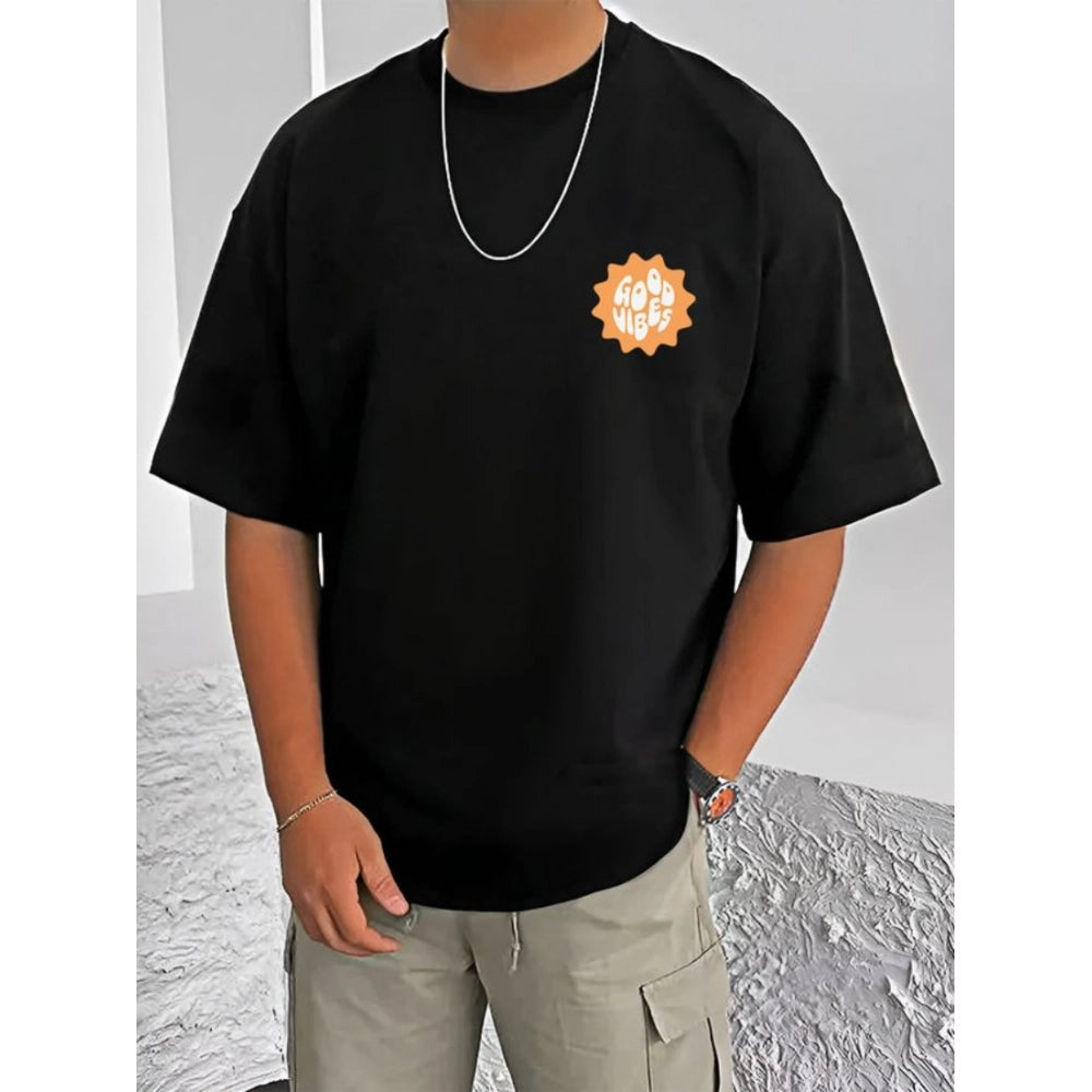 Black cotton blend men's t-shirt with printed round neck and half sleeves (patterned)
