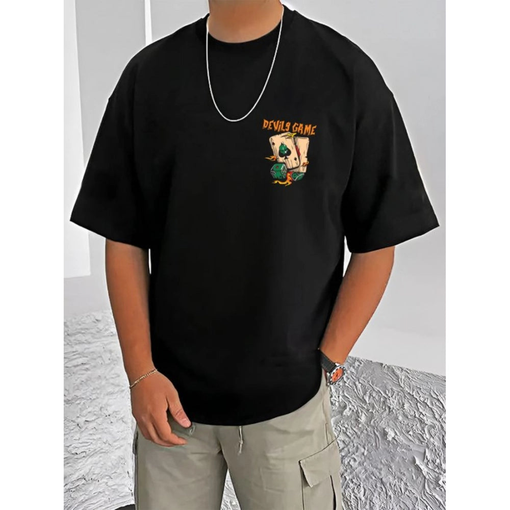 Black cotton blend men's t-shirt with printed design, half sleeve and round neck
