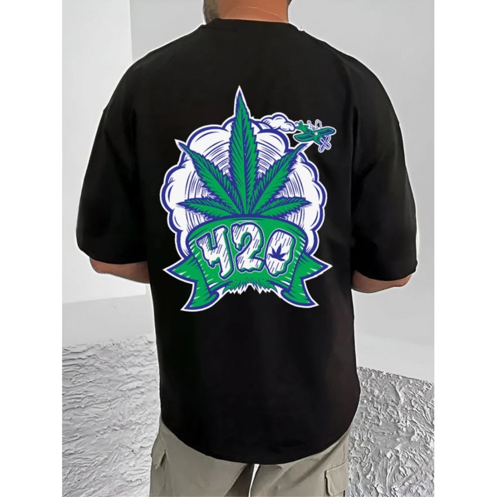 Black cotton blend men's casual printed round neck half sleeve t-shirt