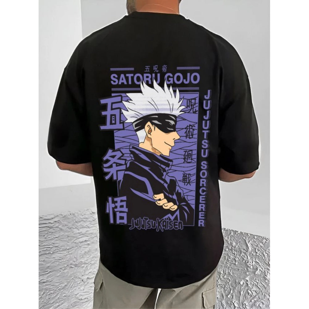 Black cotton blend men's casual t-shirt with printed design, half sleeve style
