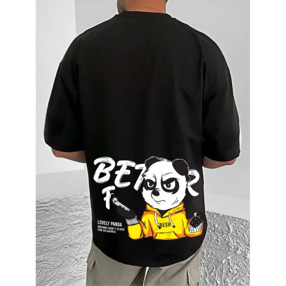Black cotton blend men's casual printed round neck half sleeve t-shirt with vibrant design