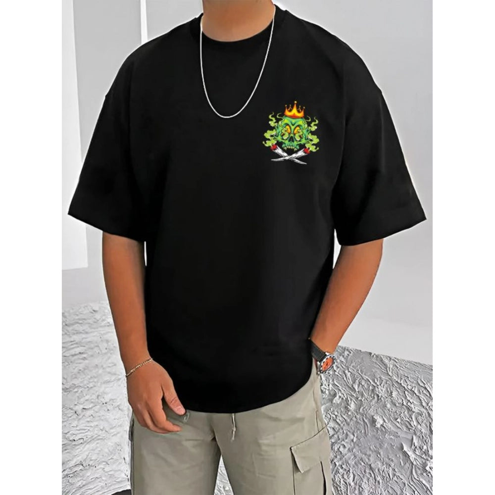 Black cotton blend men's casual printed round neck t-shirt with half sleeves