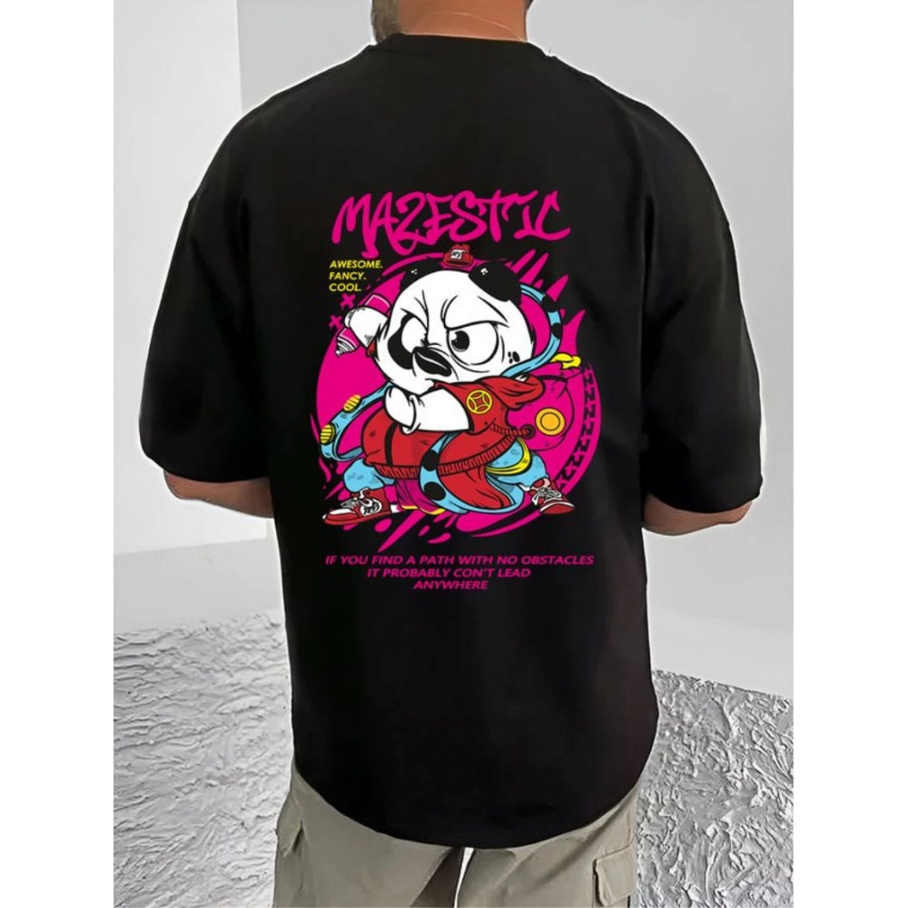 Black cotton blend men's casual t-shirt with printed design, half sleeve and round neck