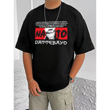 Black cotton blend men's casual tee with printed round neck and half sleeves, featuring vibrant graphic design