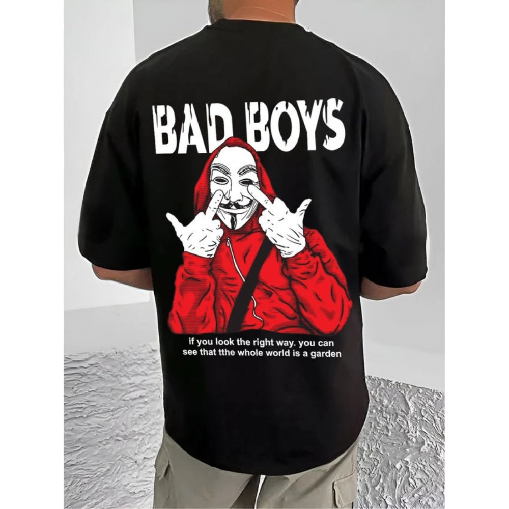 Men's Casual Cotton Blend Printed Round Neck Half Sleeve T-Shirt (Black)