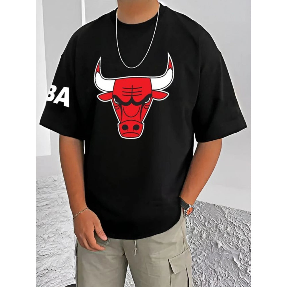 Men's Casual Cotton Blend Printed Round Neck Half Sleeve T-Shirt (Black)