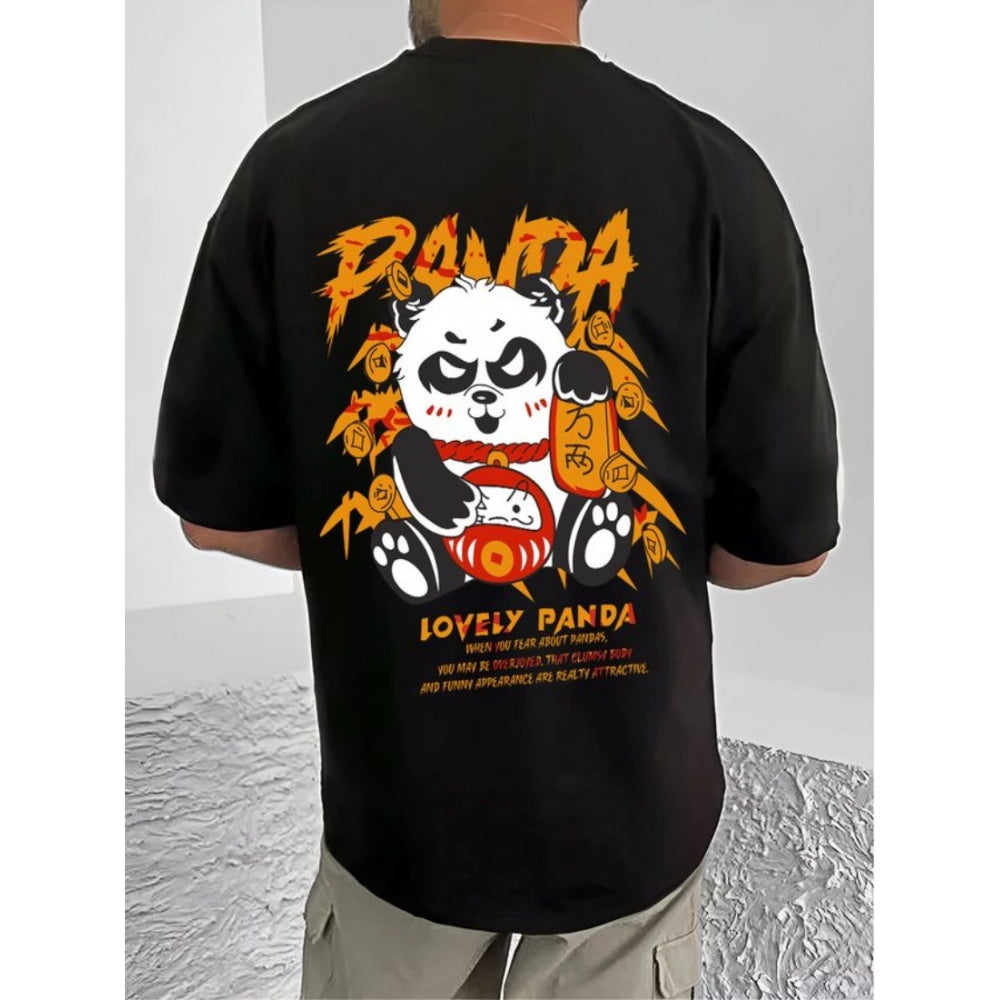 Black cotton blend men's printed round neck half sleeve t-shirt with casual style