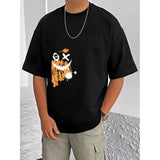 Black cotton blend men's casual t-shirt with printed design, half sleeve style