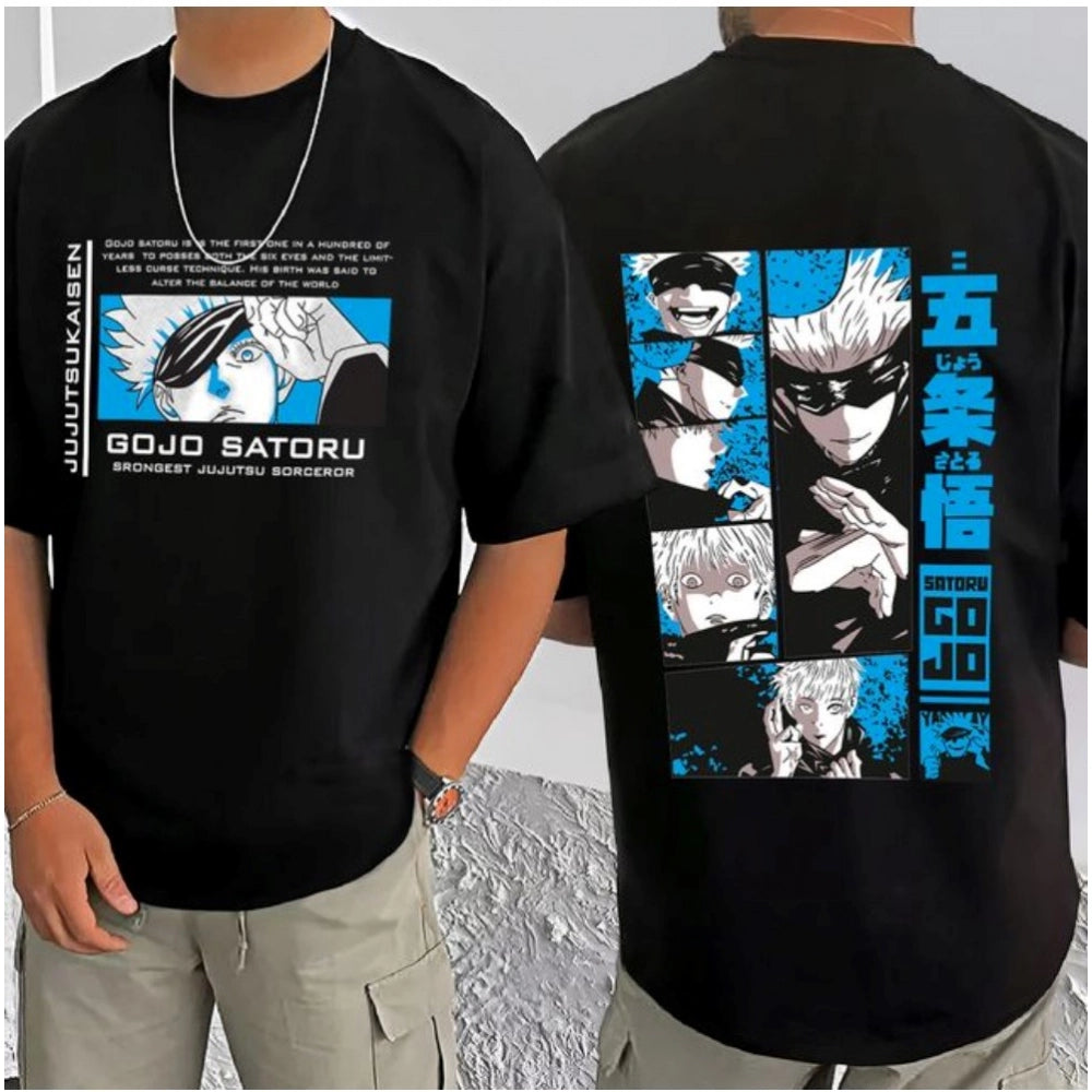 Black cotton blend men's t-shirt with printed design, round neck, half sleeves