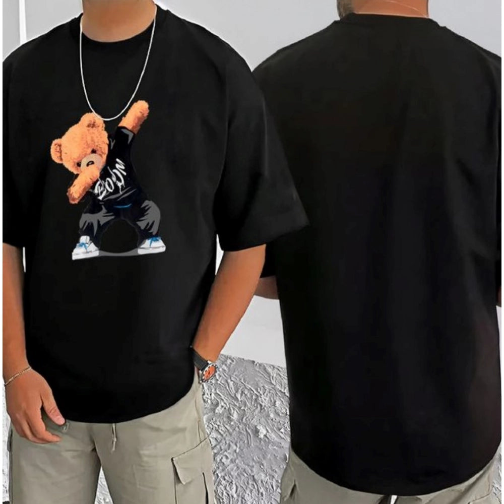 Black cotton blend men's casual t-shirt with printed design, half sleeve style