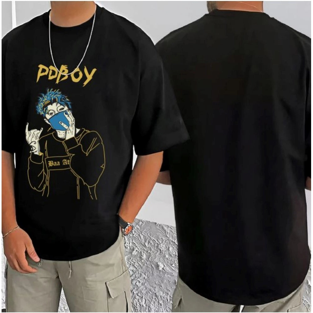 Black cotton blend men's t-shirt with printed round neck and half sleeves, casual wear for everyday use