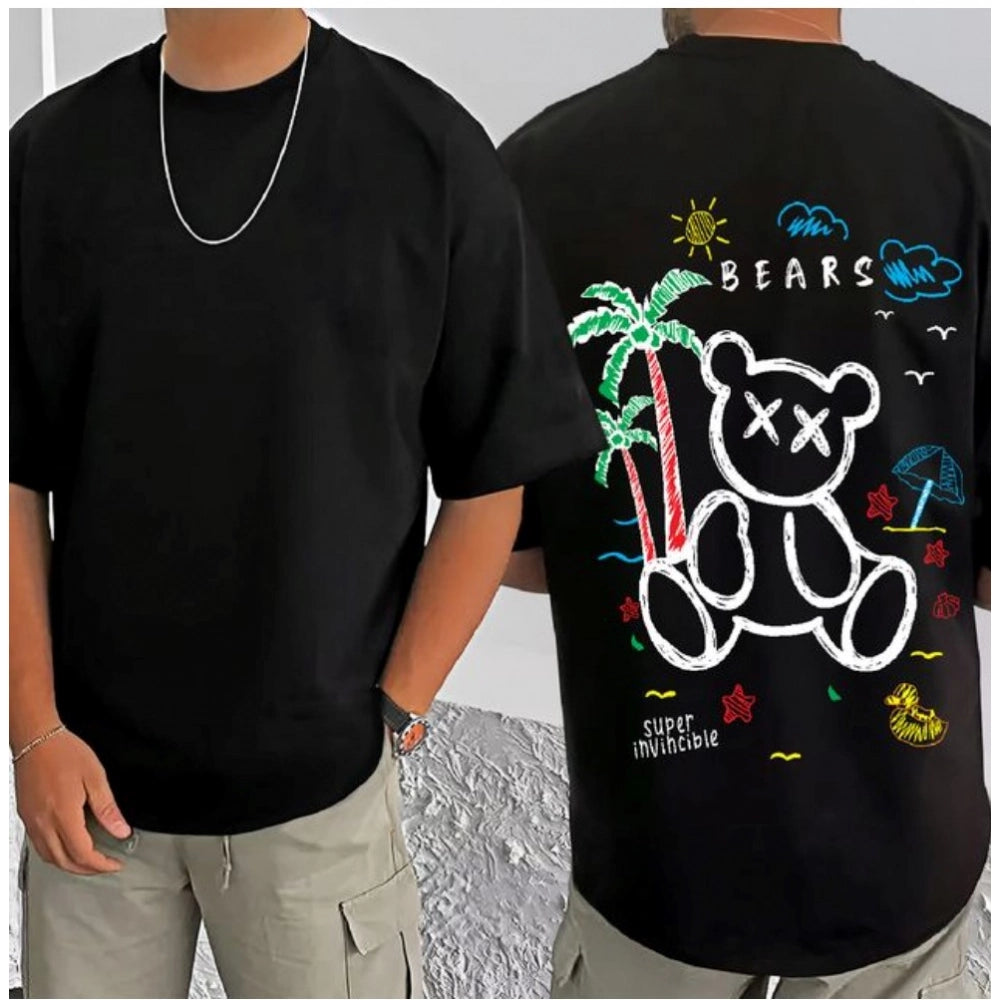 Black cotton blend men's casual printed round neck half sleeve t-shirt, featuring vibrant design
