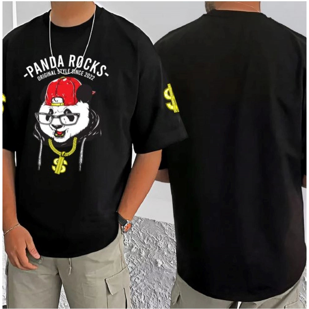 Black cotton blend men's casual t-shirt with printed design, half sleeve, round neck