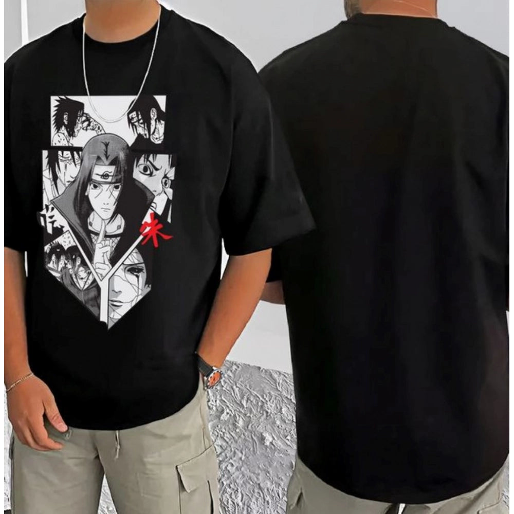 Black cotton blend men's t-shirt with printed design, casual style on display stand