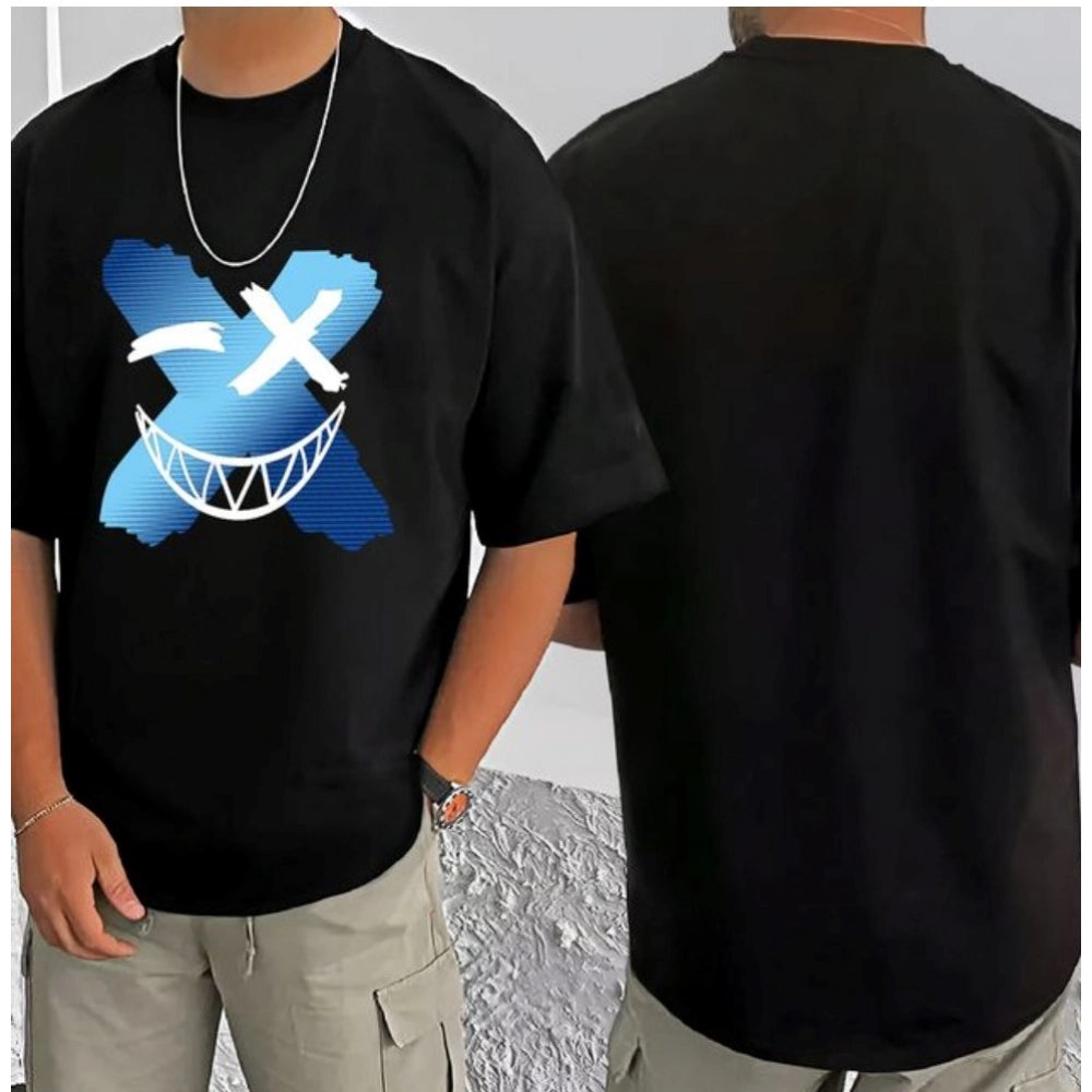 Black cotton blend men's t-shirt with printed design, casual half sleeve round neck