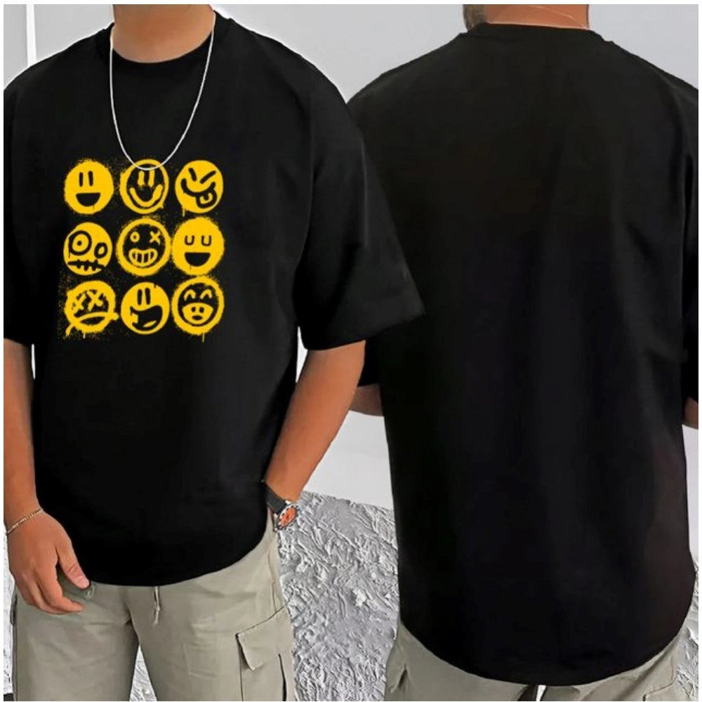 Black cotton blend men's casual t-shirt with printed round neck and half sleeves