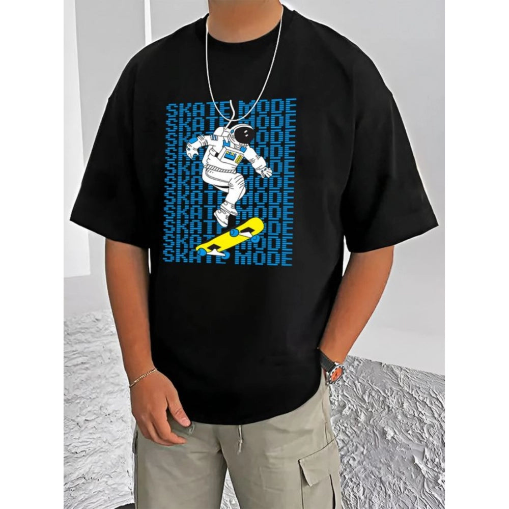 Black cotton blend men's casual printed round neck half sleeve t-shirt with vibrant design