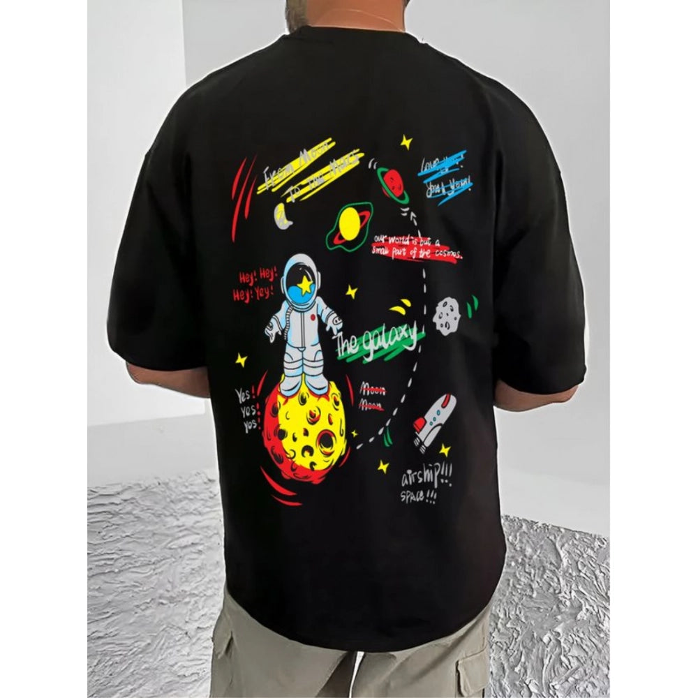 Black cotton blend men's printed round neck t-shirt with half sleeves (actual color may vary)