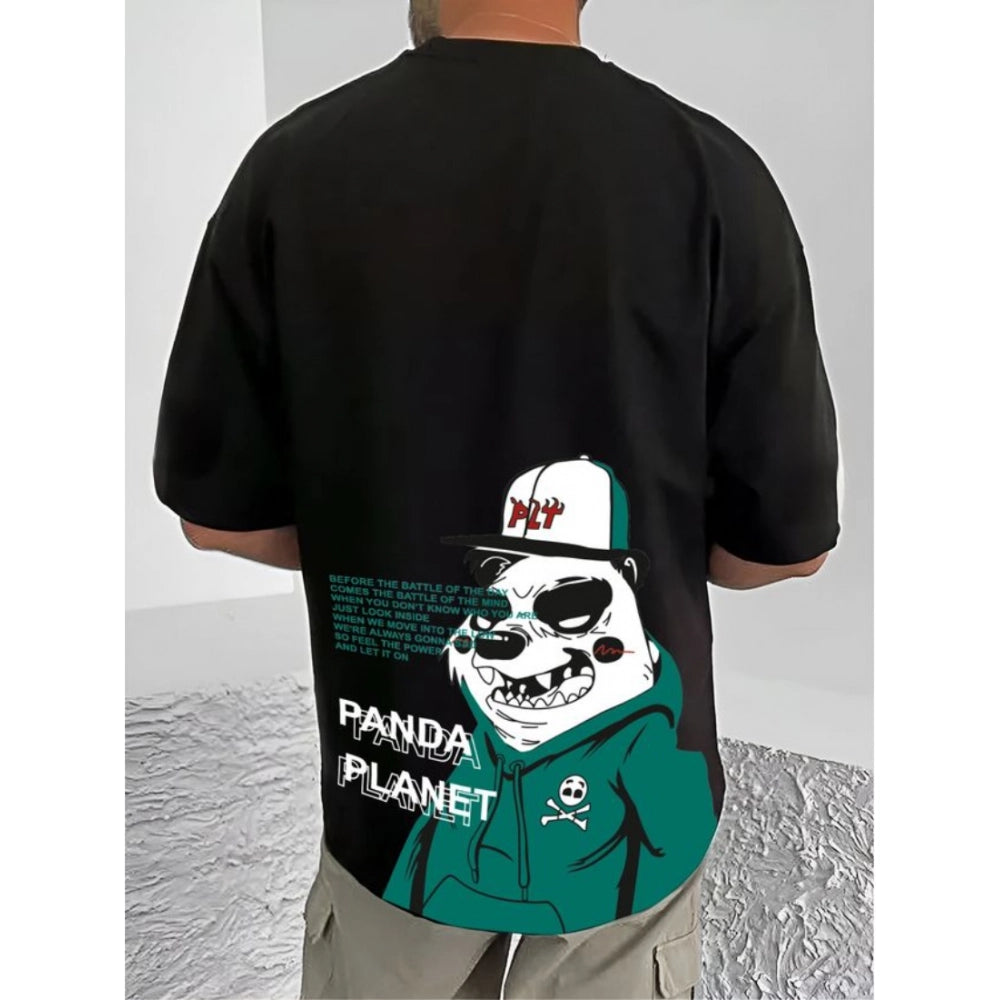 Black cotton blend men's printed round neck half sleeve t-shirt - casual wear on model