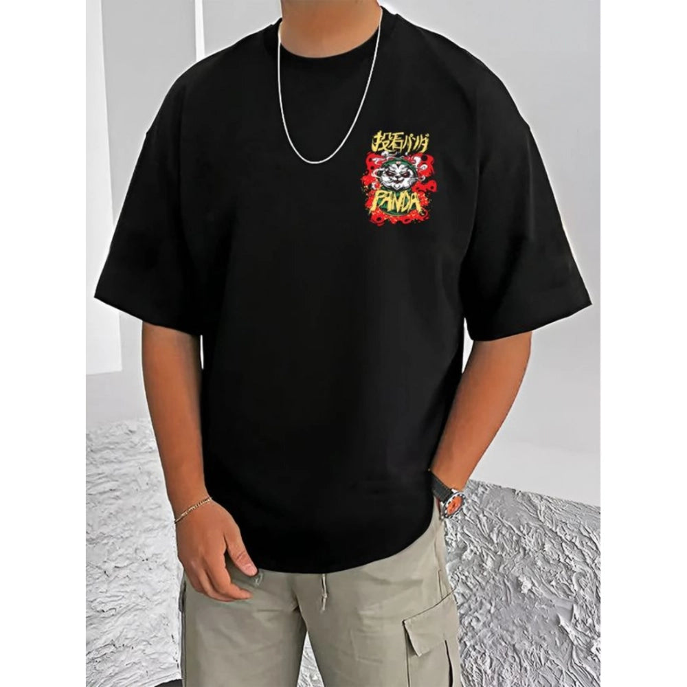 Black cotton blend men's printed round neck half sleeve t-shirt, casual wear with graphic pattern on chest