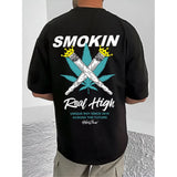 Black cotton blend men's casual printed round neck half sleeve t-shirt with vibrant design