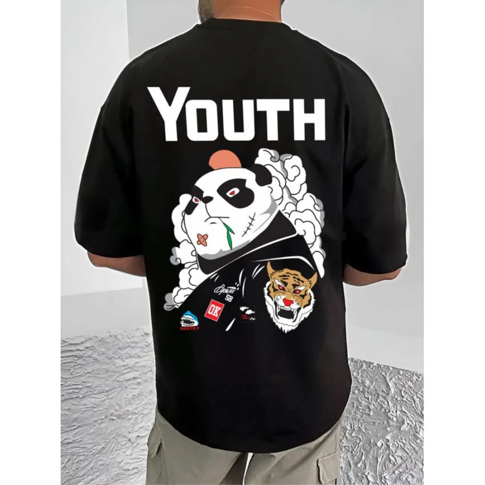 Black cotton blend men's casual printed round neck half sleeve t-shirt with vibrant graphic design