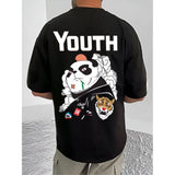 Black cotton blend men's casual printed round neck half sleeve t-shirt with vibrant graphic design