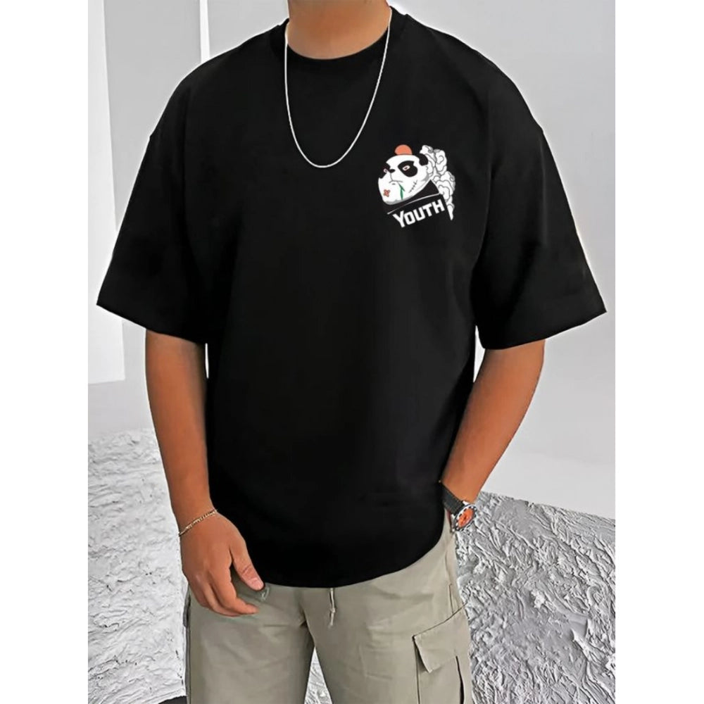 Black cotton blend men's t-shirt with printed design, half sleeve, round neck