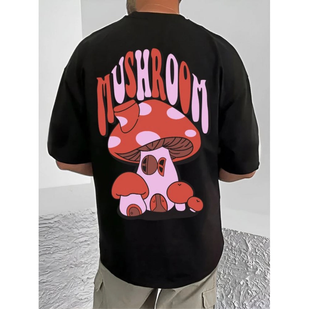 Black cotton blend men's casual printed round neck half sleeve t-shirt with vibrant pattern detail