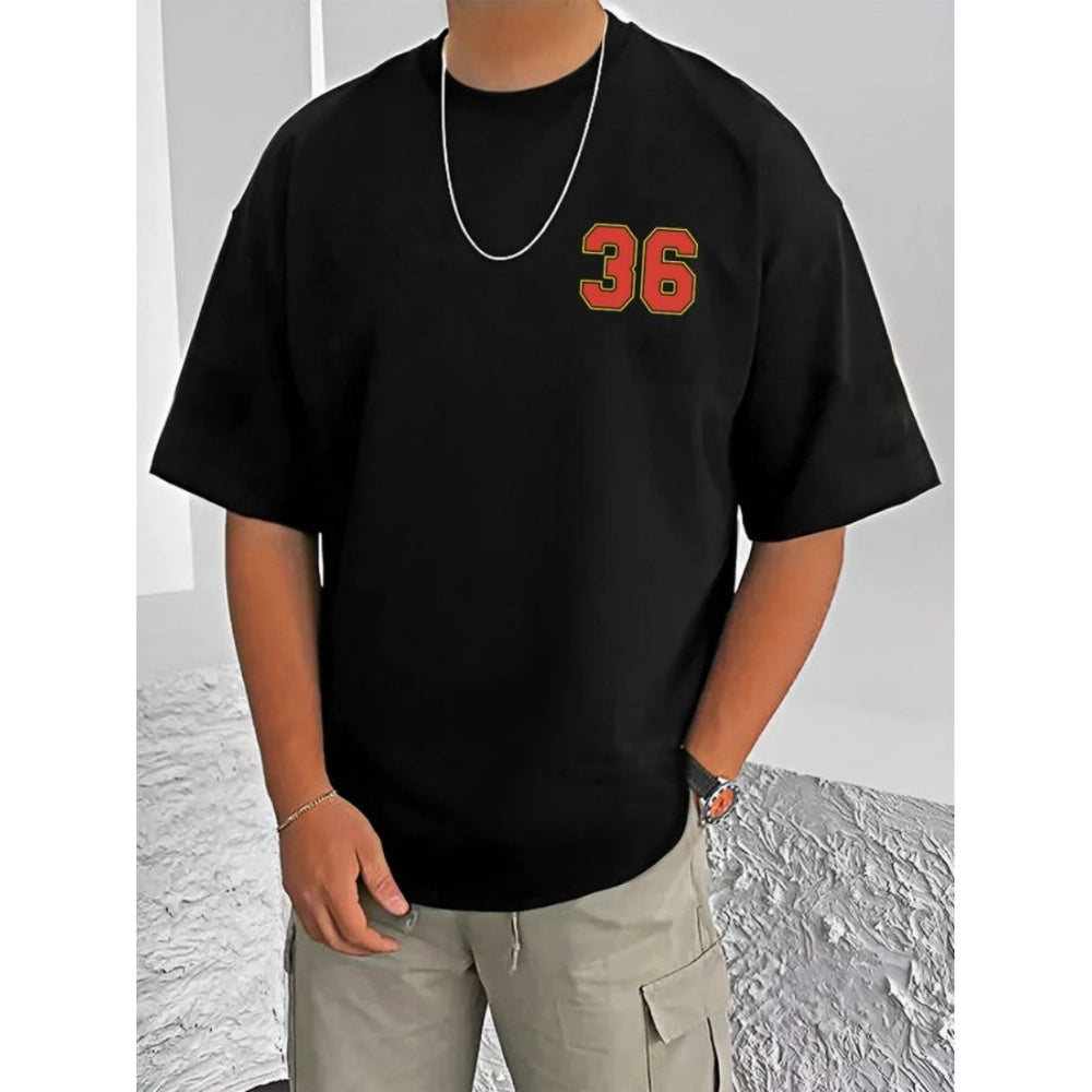 Black cotton blend men's casual t-shirt with printed design, round neck, half sleeves