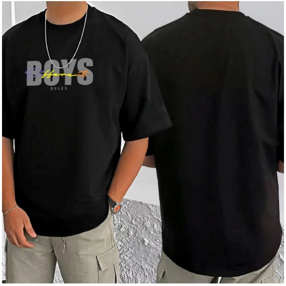 Black cotton blend men's casual t-shirt with printed design, half sleeve, round neck