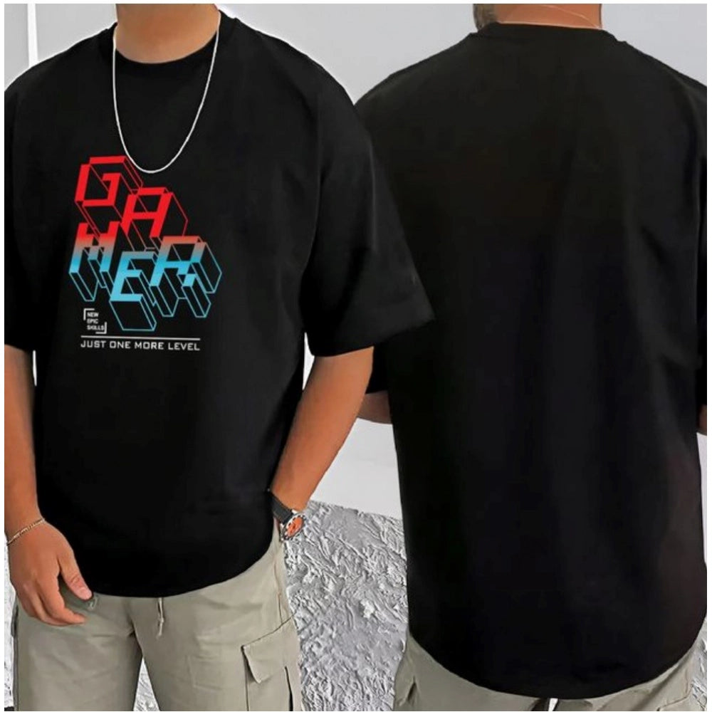 Black cotton blend men's casual t-shirt with printed round neck and half sleeves