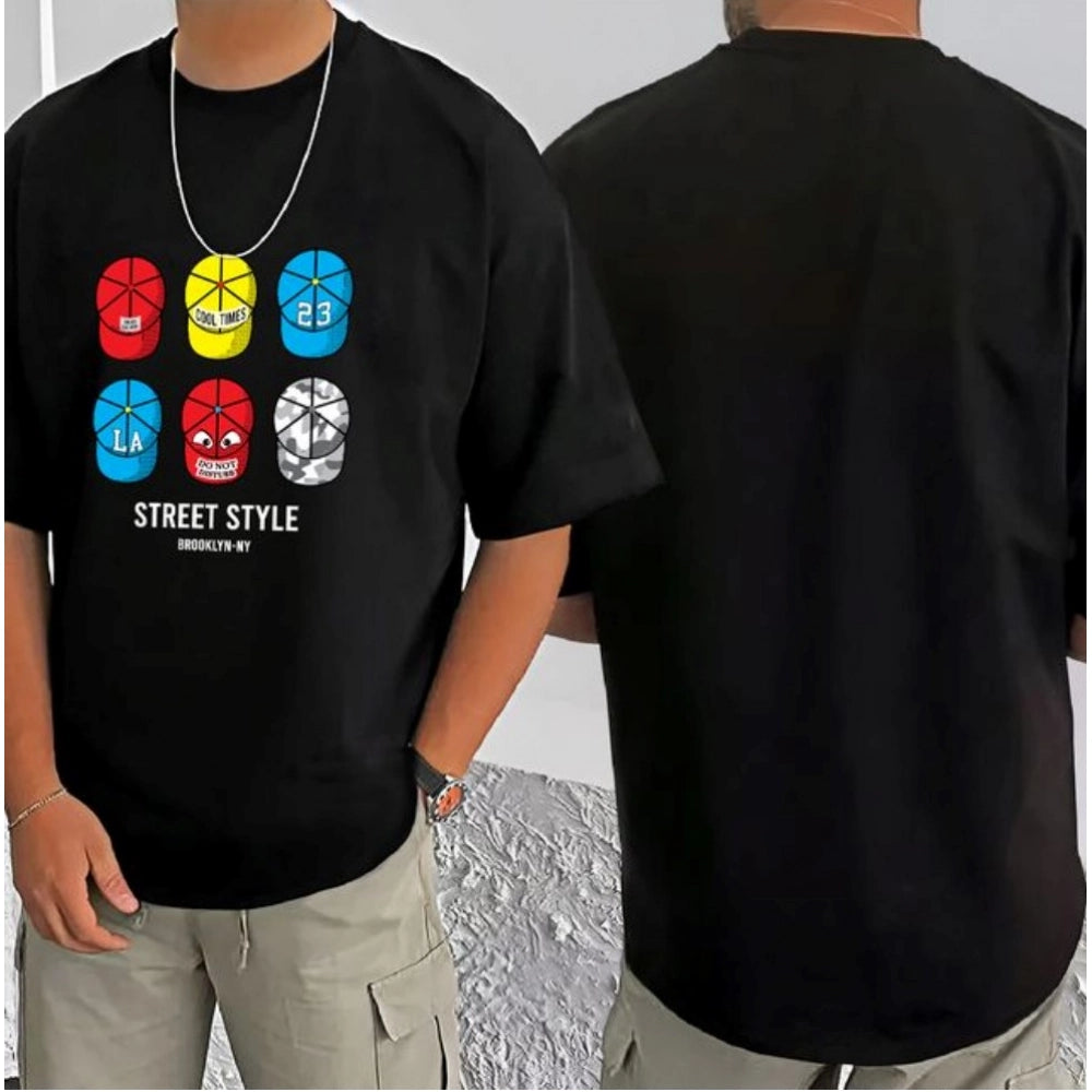 Black cotton blend men's t-shirt with printed design, casual half sleeve round neck