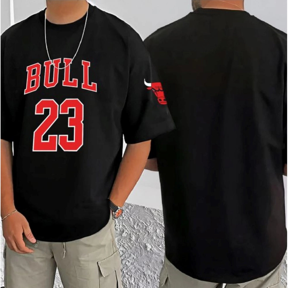 Black cotton blend men's casual t-shirt with printed design, half sleeve style