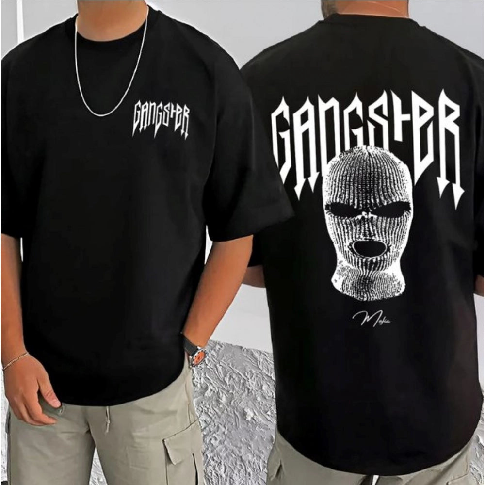 Black cotton blend men's t-shirt with printed round neck, half sleeves - casual wear