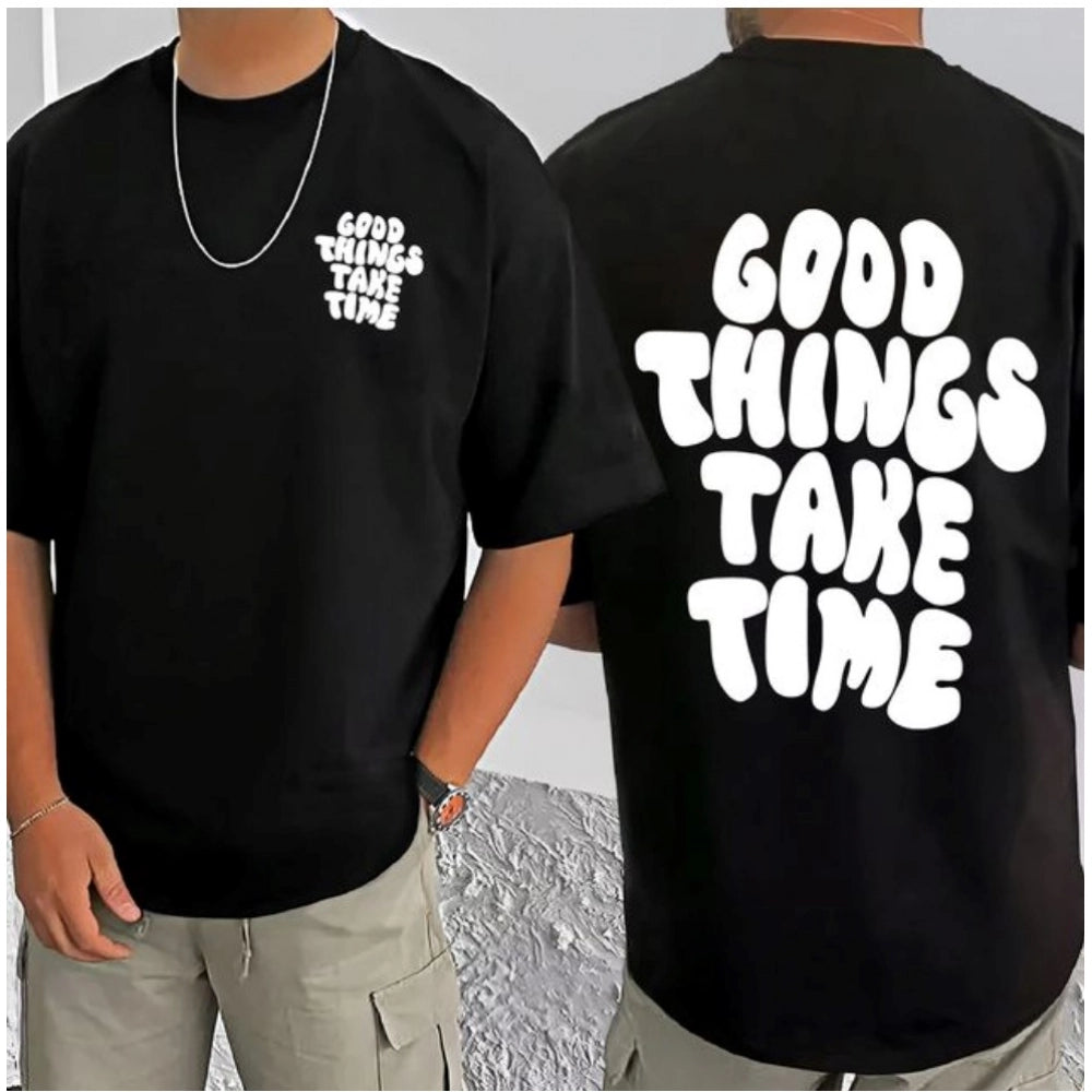 Black cotton blend men's printed round neck half sleeve t-shirt with casual style