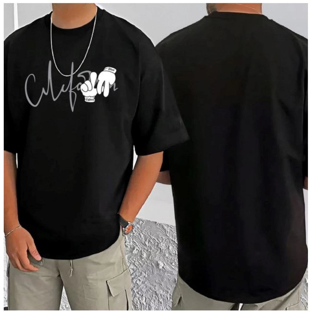 Black cotton blend men's casual printed round neck half sleeve t-shirt