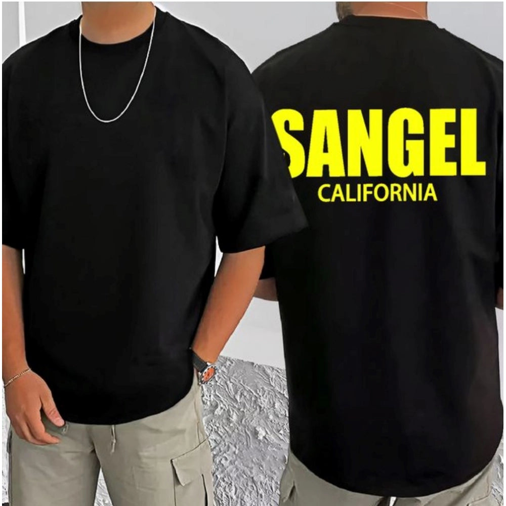 Black cotton blend men's t-shirt with printed design, round neck and half sleeves