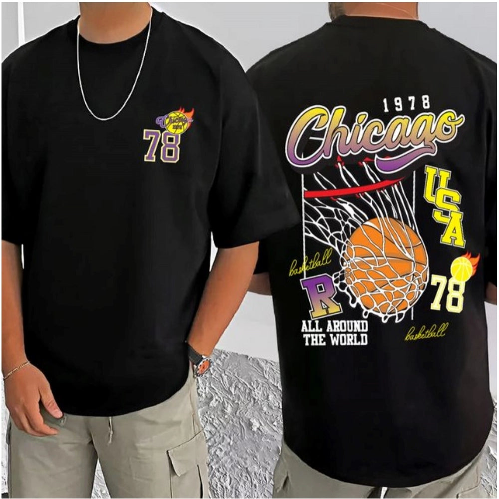 Black cotton blend men's t-shirt with printed round neck, half sleeve design
