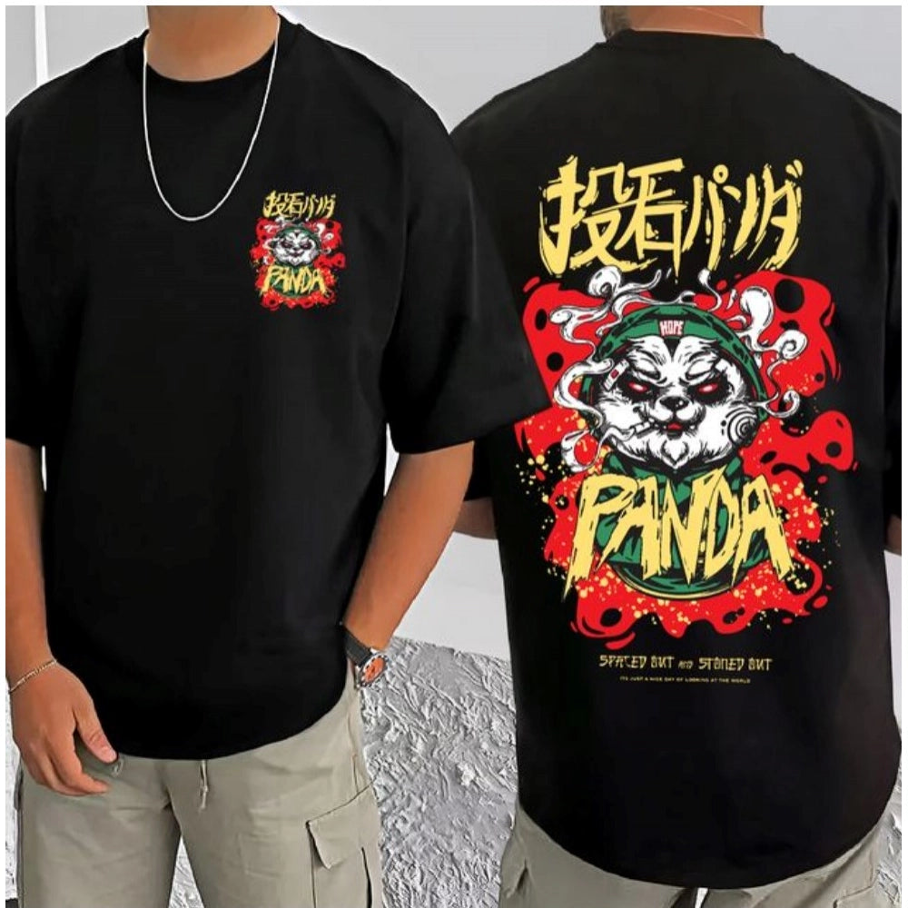 Black cotton blend men's casual t-shirt with printed design, round neck, half sleeves