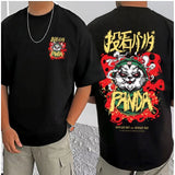 Black cotton blend men's casual t-shirt with printed design, round neck, half sleeves