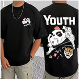 Black cotton blend men's casual printed round neck half sleeve t-shirt with vibrant design