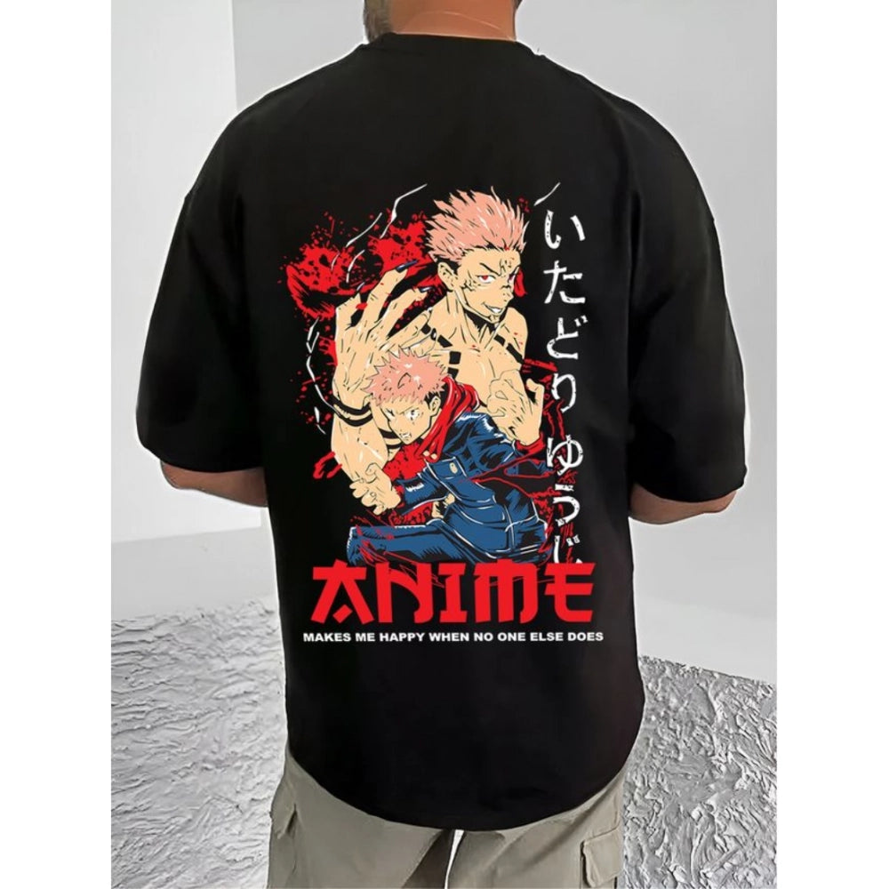 Black cotton blend men's casual printed round neck half sleeve t-shirt with vibrant design