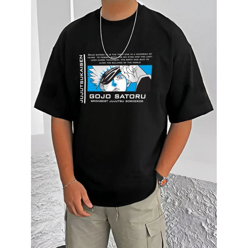 Black cotton blend men's casual printed round neck half sleeve t-shirt, vibrant pattern detail