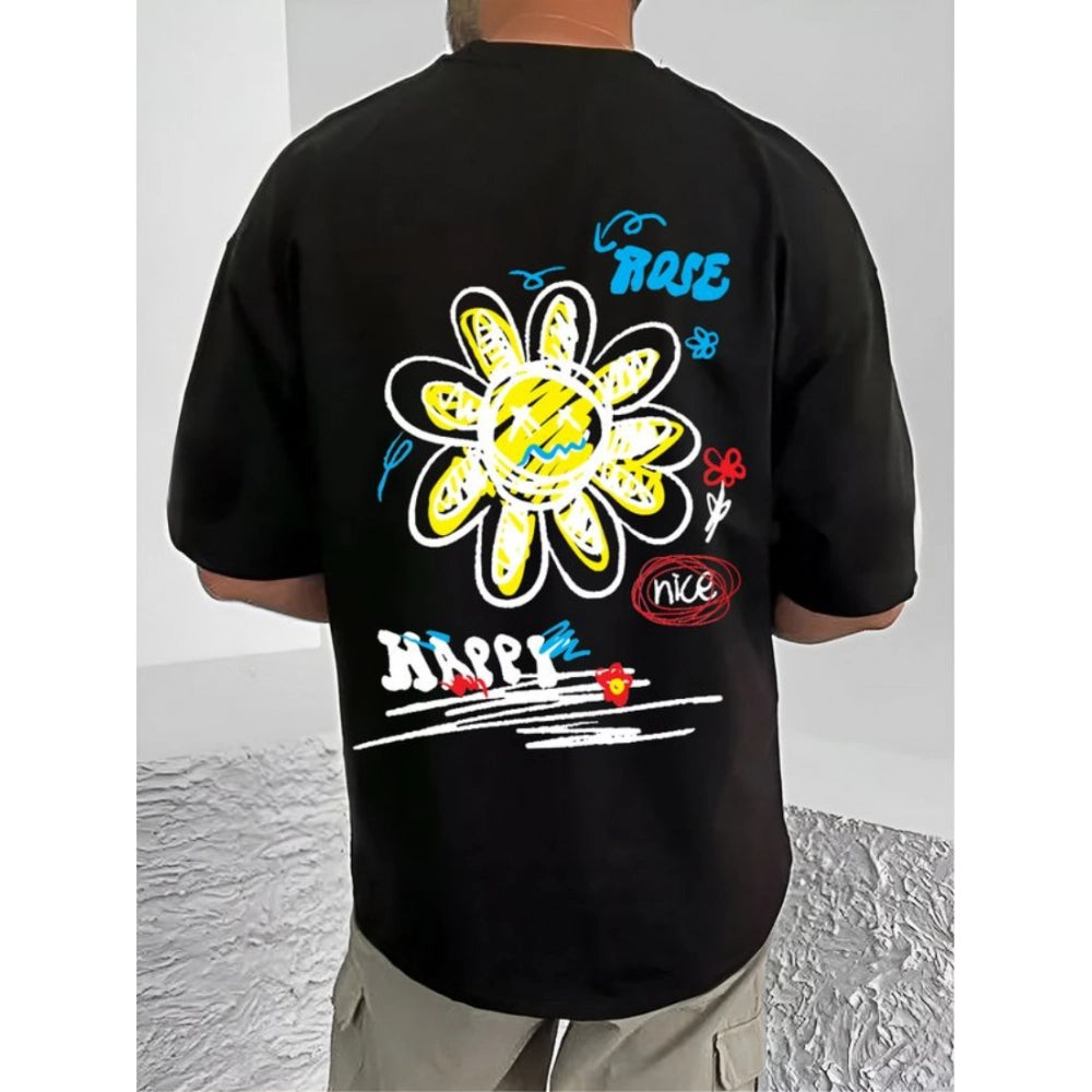 Black cotton blend men's casual printed round neck half sleeve t-shirt (patterned)