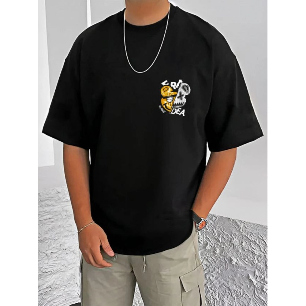 Black cotton blend men's t-shirt with printed design, round neck, half sleeves