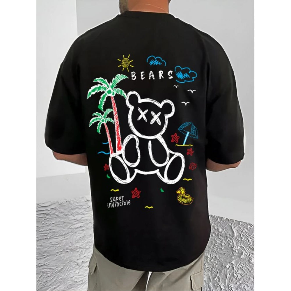 Black cotton blend men's printed round neck half sleeve t-shirt, casual style on model